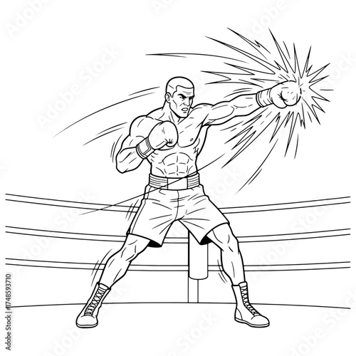 Boxer throwing a powerful punch with a dynamic impact effect. Black and white vector illustration of a fighter for a boxing gym logo, poster, or t-shirt design.

