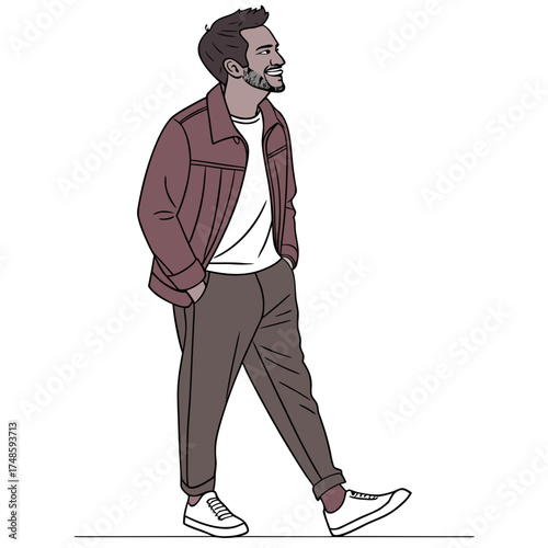 Stylish man walking with hands in pockets and smiling elegantly