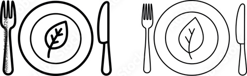 Hand drawn simple icons two plates with leaf symbol fork and knife minimalist food dining restaurant concept