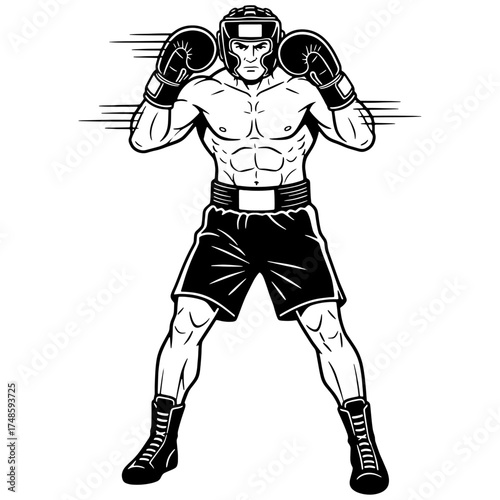Boxer in a defensive guard stance. Powerful black and white vector illustration of a fighter, ideal for a boxing gym logo, mascot, or t-shirt design.


