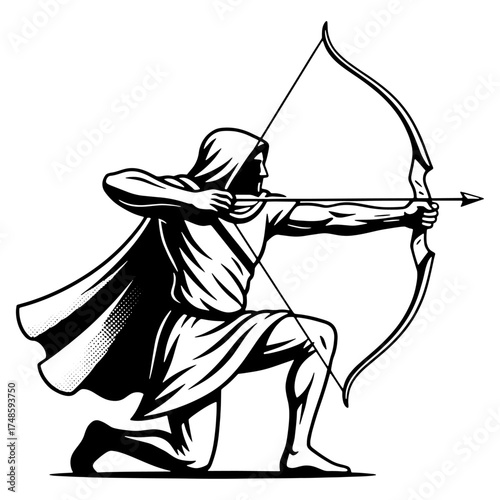 Mythical or historical archer aiming a bow and arrow. Black and white vector illustration of a warrior or hunter for a logo, fantasy art, or targeting concept.

