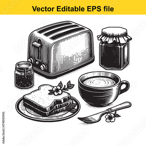 Vector art of a vintage black and white illustration of a toaster, coffee cup, toast with flowers, and jam jars