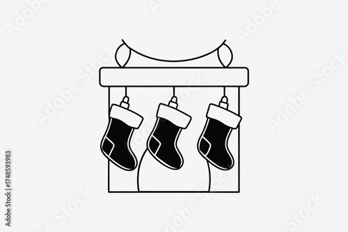 Festive christmas stockings hanging from a mantelpiece a black silhouette