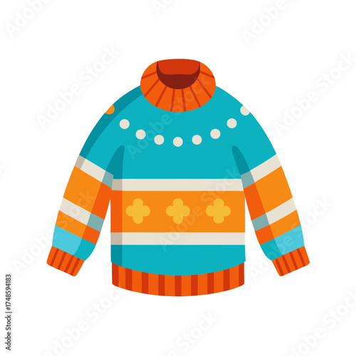 Cozy teal and orange striped winter turtle neck sweater with festive holiday lights detail