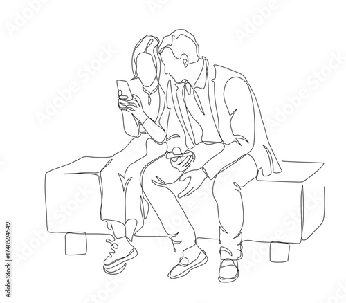 Couple using phone and sitting on park bench. Internet addiction. Continuous line drawing. Black and white vector in line art style. Editable stroke.