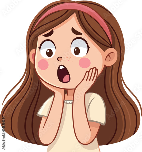 Young Cartoon Girl With Brown Hair Looking Wide Eyed and Surprised With Her Hands on Cheeks