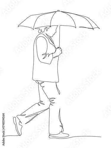 Woman with umbrella walking on rainy weather day. Side view. Continuous line drawing. Vector illustration in line art style. Editable stroke.