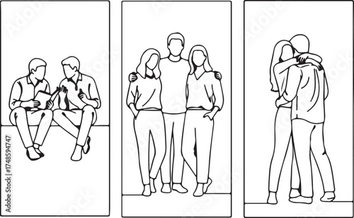 Three Panels of Line Art Depicting People in Different Social Interactions group friends