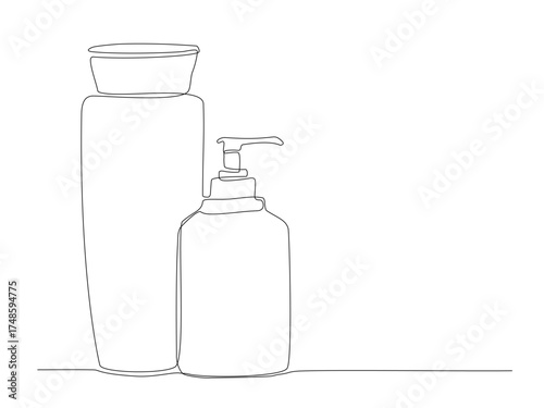 2 bottles for shampoo and cosmetics. Continuous line drawing. Black and white vector illustration in line art style.