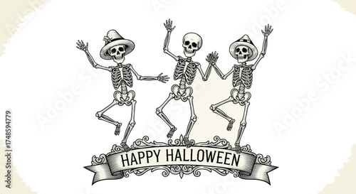 Three Lively Skeletons Wearing Hats Happily Dancing Above a Decorative Happy Halloween Banner