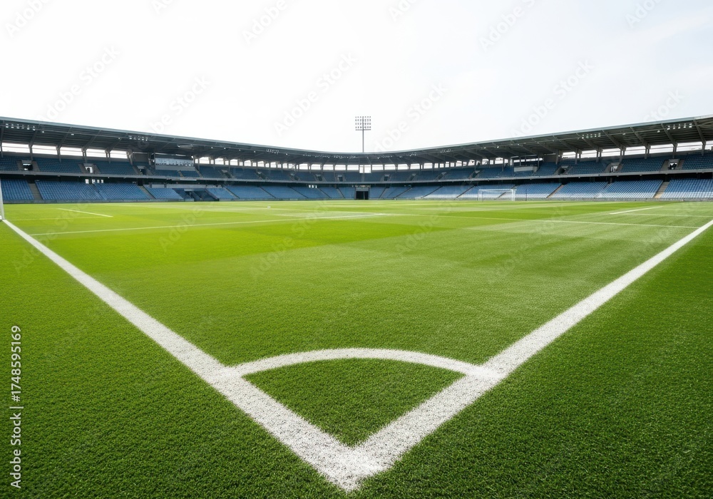 Fototapeta premium Corner of a soccer field with white lines and green grass in a stadium