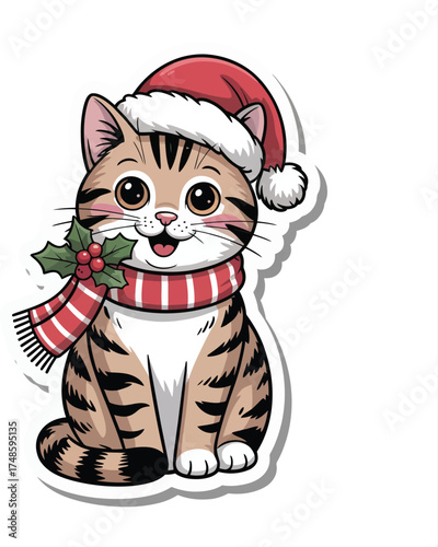 Delightful cartoon tabby cat wearing a festive Santa hat and red striped scarf with holly