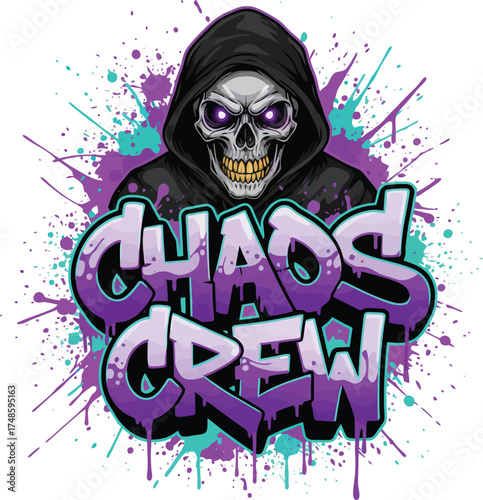 Foto Grim Reaper Skull Mascot with 'Chaos Crew' Graffiti, Dark Vector Logo for a Gami