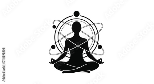 Silhouette of a person meditating with atomic orbits symbolizing cosmic connection and inner peace.