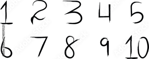 Handwritten grunge style numbers vector set. Textured brush stroke numerals 1 to 10 isolated on white.


