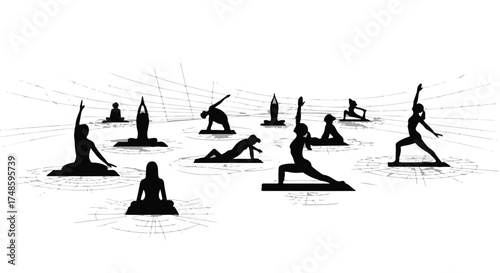 Diverse group of people practicing yoga poses in a serene, artistic setting.