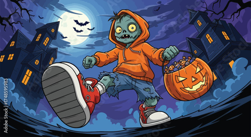 Zombie character with a pumpkin bucket trick or treating at night under a full moon