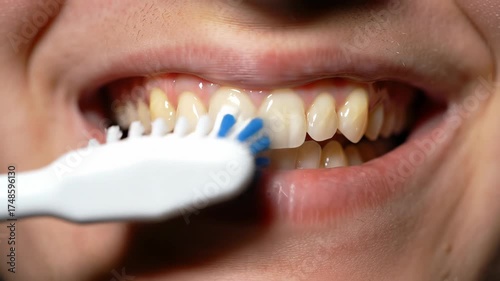 Close up of person brushing teeth with toothbrush for dental care and oral hygiene.