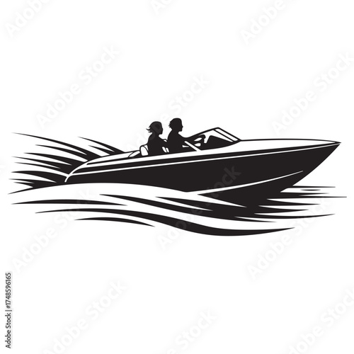 Silhouette of a speed boat with two people on white background watercraft vessel