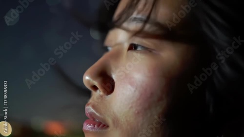 Close-up portrait of young Asian woman looking up at night sky with focus and contemplation, dreaming of success.