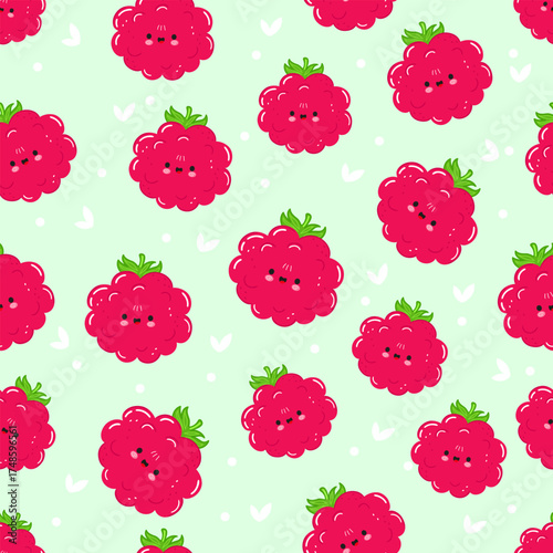 Cute smiling raspberry fruit seamless pattern