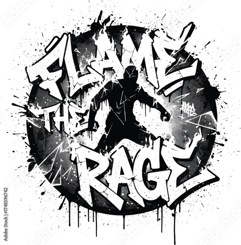 Aggressive 'Flame the Rage' Graffiti with Fighter Silhouette, Monochrome Urban Vector for Gaming and Esports