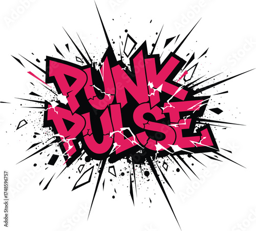 Pink and Black 'Punk Pulse' Graffiti Text with Shattered Explosion Effect, Edgy Vector Art for T-Shirts