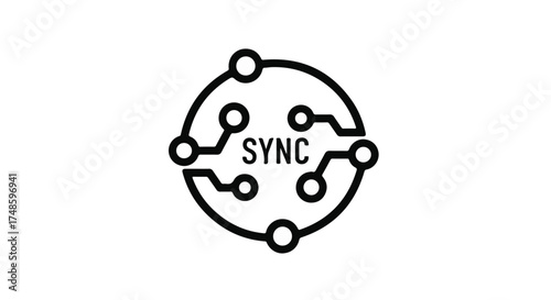 Digital connection and synchronization represented by a circular circuit board graphic with the word 'SYNC' at its center.