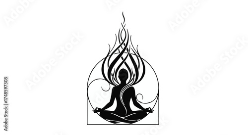 Silhouette of person meditating with fiery, abstract energy rising from their head, symbolizing inner peace and enlightenment.