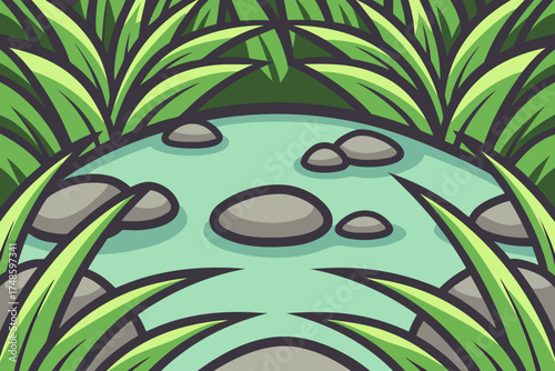 Stylized pond surrounded by lush green grass and smooth stones