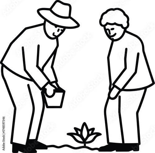 Elderly couple tending to a plant together in a minimalist line drawing style gardening planting