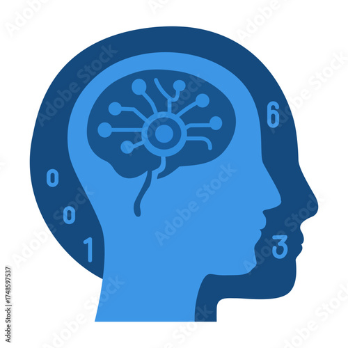 A stylized vector illustration depicting a human head profile with an exposed AI brain containing a gear and a detailed neural network pattern