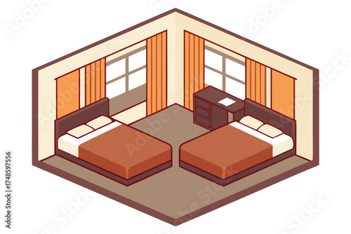 Isometric view of a hotel room with two beds and windows