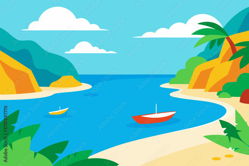 Fototapeta premium Tropical bay with boats and palm trees in flat design