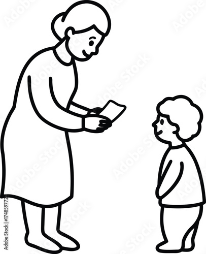Old woman showing paper to child line drawing smiling grandchild teaching