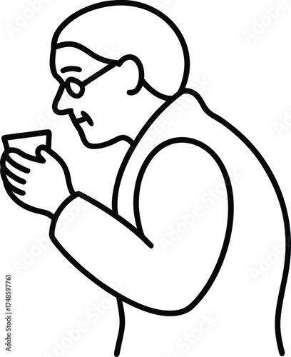 Senior man wearing glasses holding a small glass of liquid male elderly