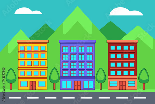 Colorful cartoon buildings on a street with mountains and clouds