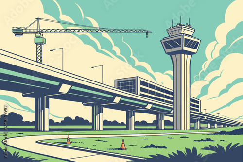 Modern airport infrastructure under construction with control tower and crane