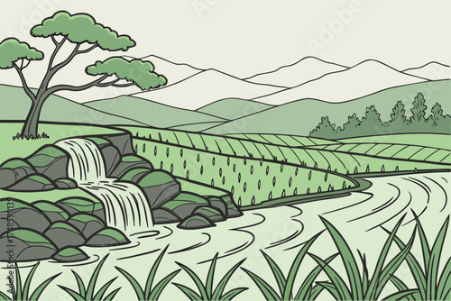 Stylized illustration of a serene landscape with a waterfall and rolling hills