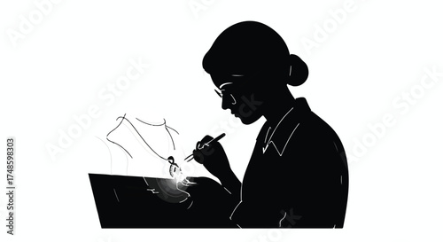 Focused artist sketching digitally on a tablet with a stylus, creating art with concentration