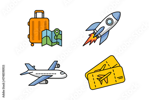 Colorful Travel and Exploration Vector Icons Featuring Suitcase Map Rocket Airplane and Tickets Perfect for Adventure and Tourism Designs