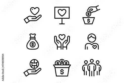 Charity and donation icons set representing giving love money and support to people in need fostering community and global wellbeing