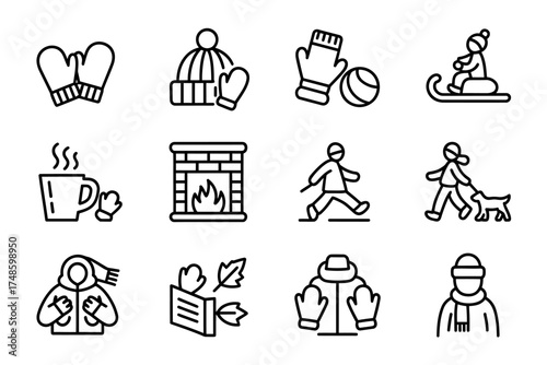 Collection of winter season icons representing various outdoor and indoor activities warmth and seasonal wear showcasing cozy moments
