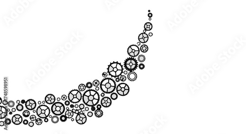 Intricate arrangement of gears forming a dynamic curve, symbolizing progress and complex systems.