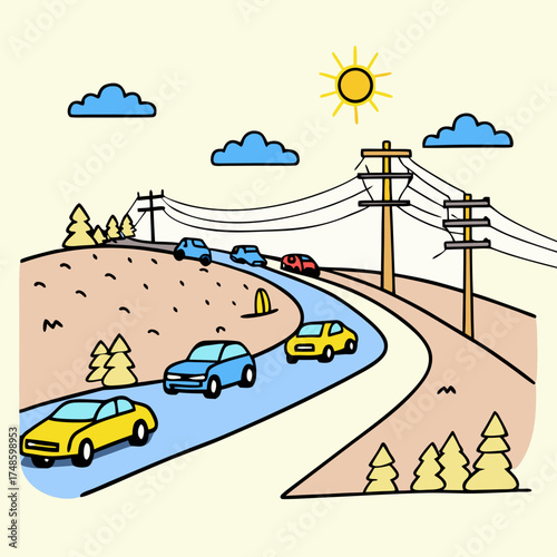 Cars on a blue road with trees, sun and clouds Keywords: car, road, driving, travel