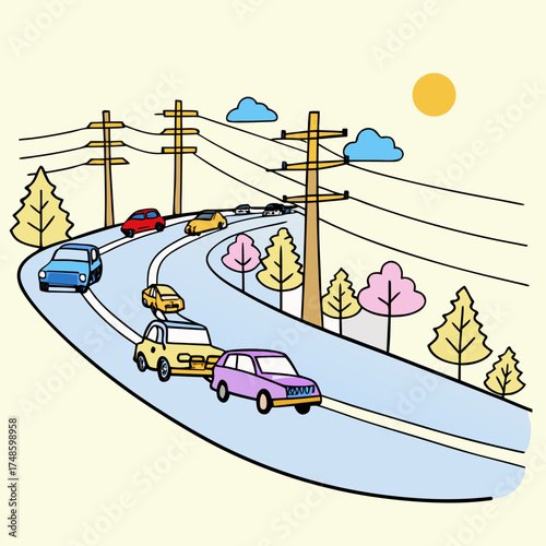Cars on a blue road with trees and a sun Keywords: car, road, driving, transportation, traffic