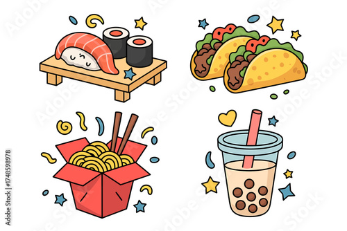 Global Cuisine Illustration Featuring Sushi Tacos Noodles and Boba Tea Delightful Food Vector Art