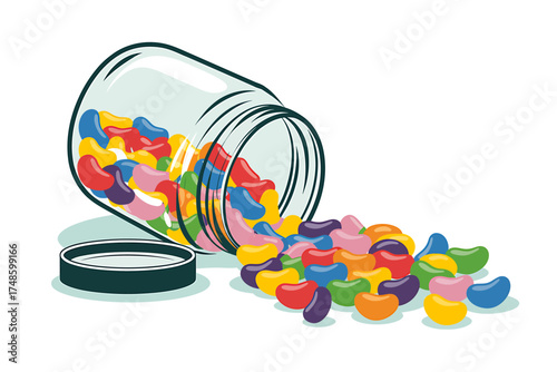 Overturned Jar of Colorful Jelly Beans Spilling Sweetness and Fun Illustration for Candy Lovers and Festive Treats
