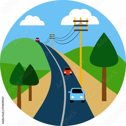 Cars on a road through hills under a blue sky Keywords: road, cars, trees, landscape, travel