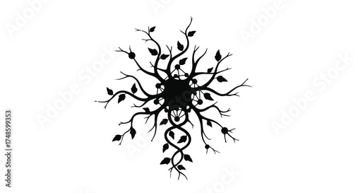 Intricate tree-like silhouette with branching roots and leaves, symbolizing growth and nature's interconnectedness